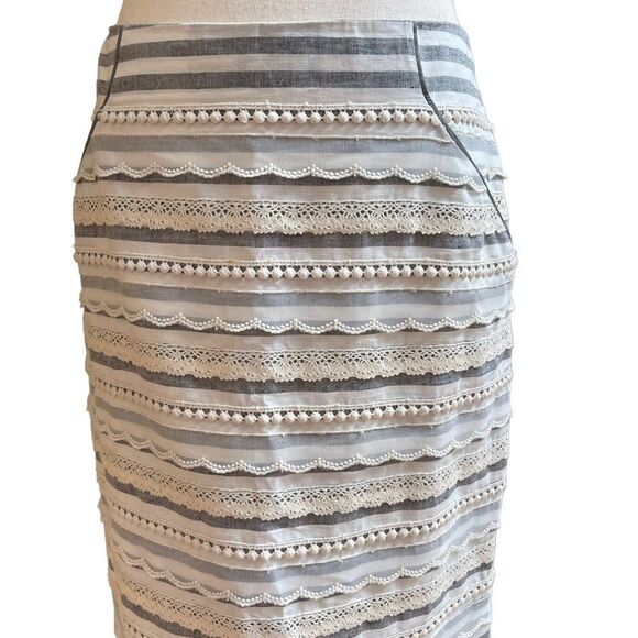 Anthropologie Tabitha Sailing Lace Striped Pencil Mini Skirt Small Linen/Cotton - Picture 6 of 13